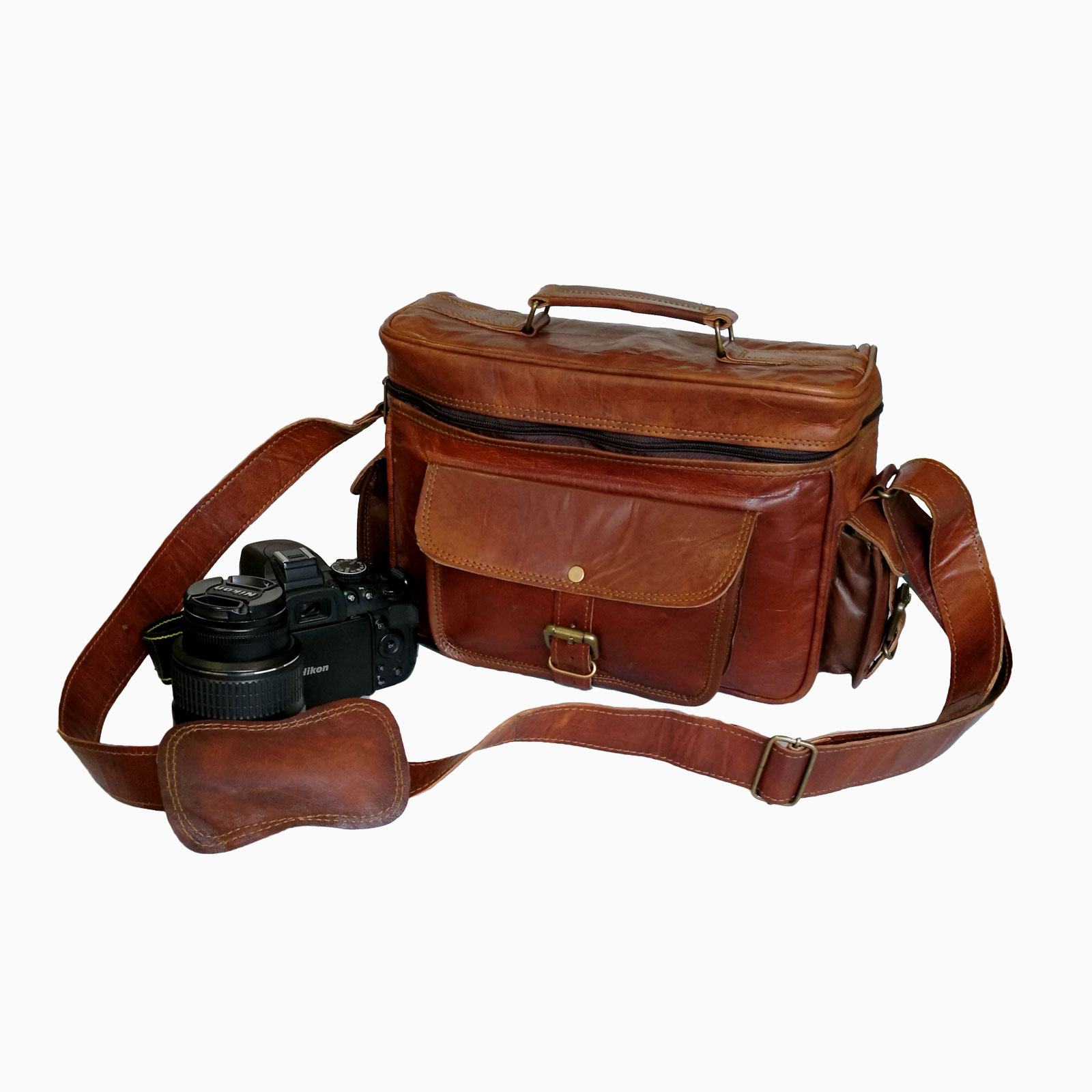 Men's Vintage Camera Messenger Bag Leather Travel Shoulder Bag for Photographer